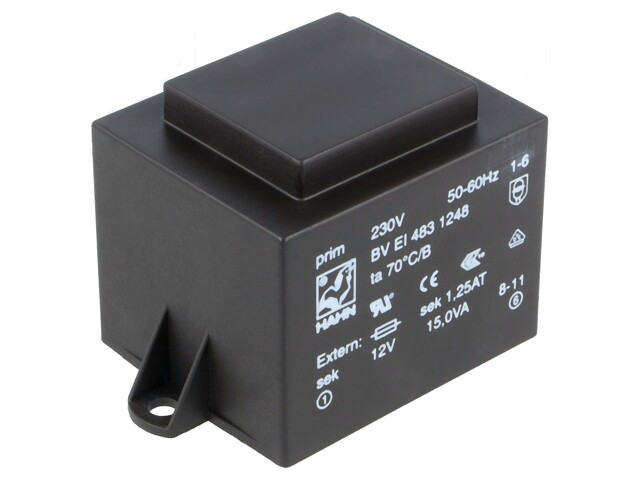 Transformator: ingegoten; 15VA; 230VAC; 12V; 1,25A; PCB; BVEI Transformator: ingegoten; 15VA; 230VAC; 12V; 1,25A; PCB; BVEI